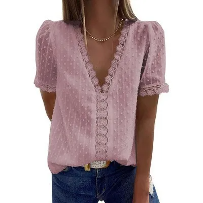 Deep V-Neck Chiffon Shirt Embroidered Lace Short Sleeve Women Blouse
