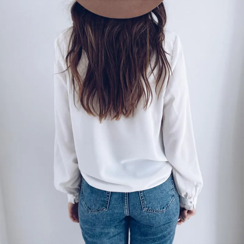 Women Plain Lace Patchwork Long Sleeve Casual Blouse