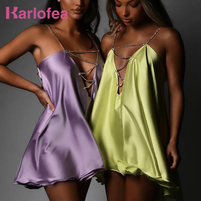 Wmen Night Out Sexy Edgy Summer Cut Out Chain Solid Color Sleeveless Ruffled Satin Mini Dress