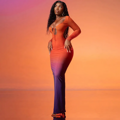 Gradient Print Strap Long Sleeve Backless Maxi Dress