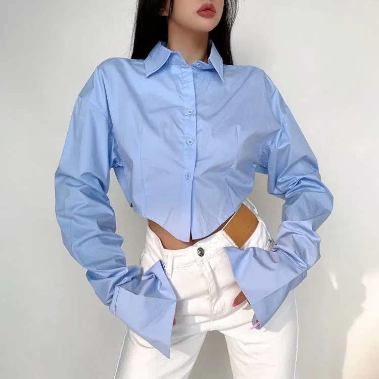 Women Fashion Solid Color Lapel Long Sleeve Crop Shirt