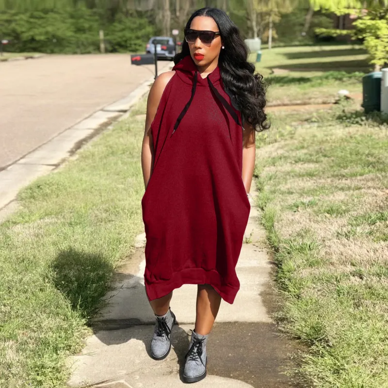 Plus Size Casual Women Summer Loose Large Size Fashion Solid Color Sleeveless Hooded Maxi Dress