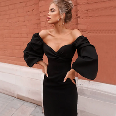 Vintage Puff Sleeve Off-Shoulder Midi Dress