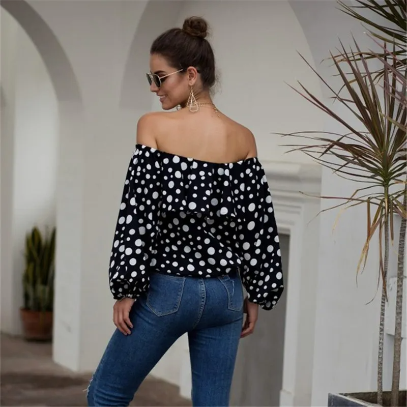 Women Fashion Polka Dot Printed Off-The-Shoulder Puff Sleeve Ruffle Blouse