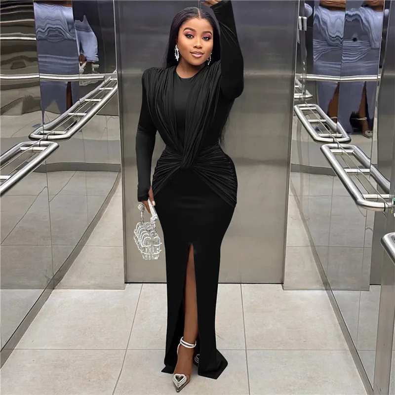Women Fashion Long Sleeve Split Solid Color Party Bodycon Maxi Dress