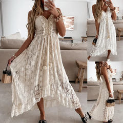 Summer Women Fashion Casual V-Neck Lace Irregular Strap Maxi Dress