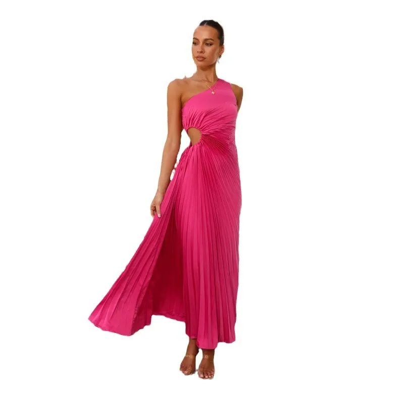 Women Fashion Slim Fit Oblique Shoulder Cutout Creased Dress