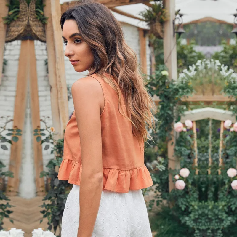 Summer Women Sweet Solid Color Round Neck Ruffled Seeveless Blouse