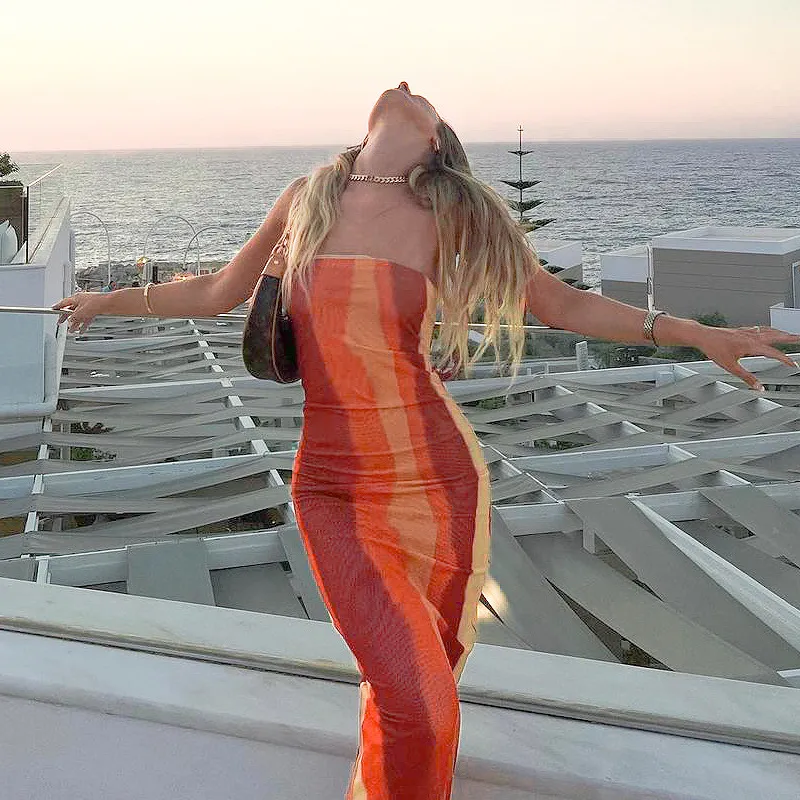 Edgy Sexy Mesh Tie-Dye Color Blocking Temperament Slim Dress