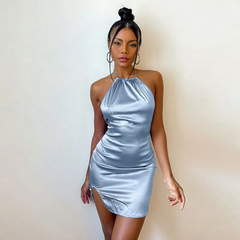 Sexy Women Satin Solid Color Halter Neck Slim Siede-Slit Mini Dress