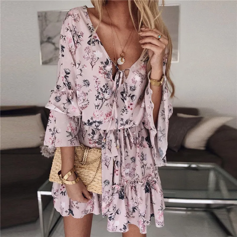 Women Casual Flower Print Flounced Long Sleeve Swing Dress