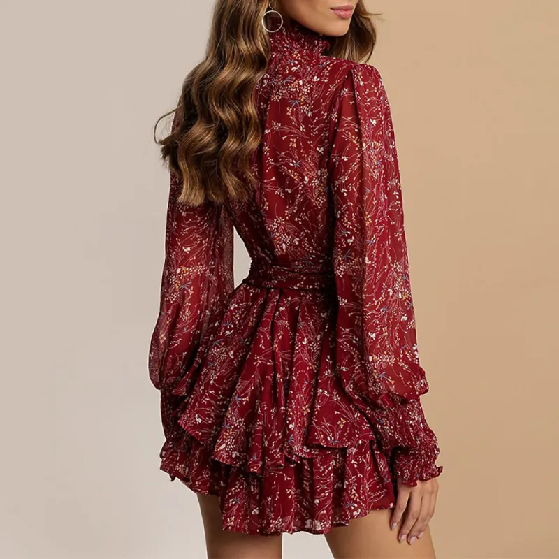 Tiny Flower Print Ruffled Long Sleeve Dress