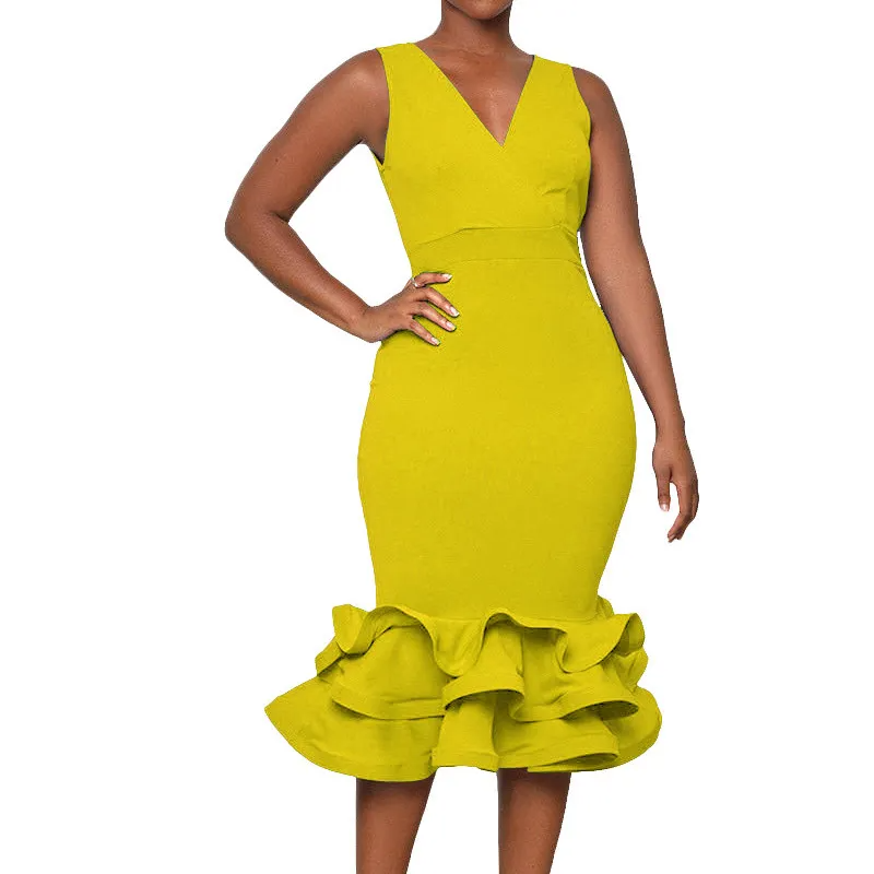 Women Fashion Sleeveless V-Neck Solid Color Dress