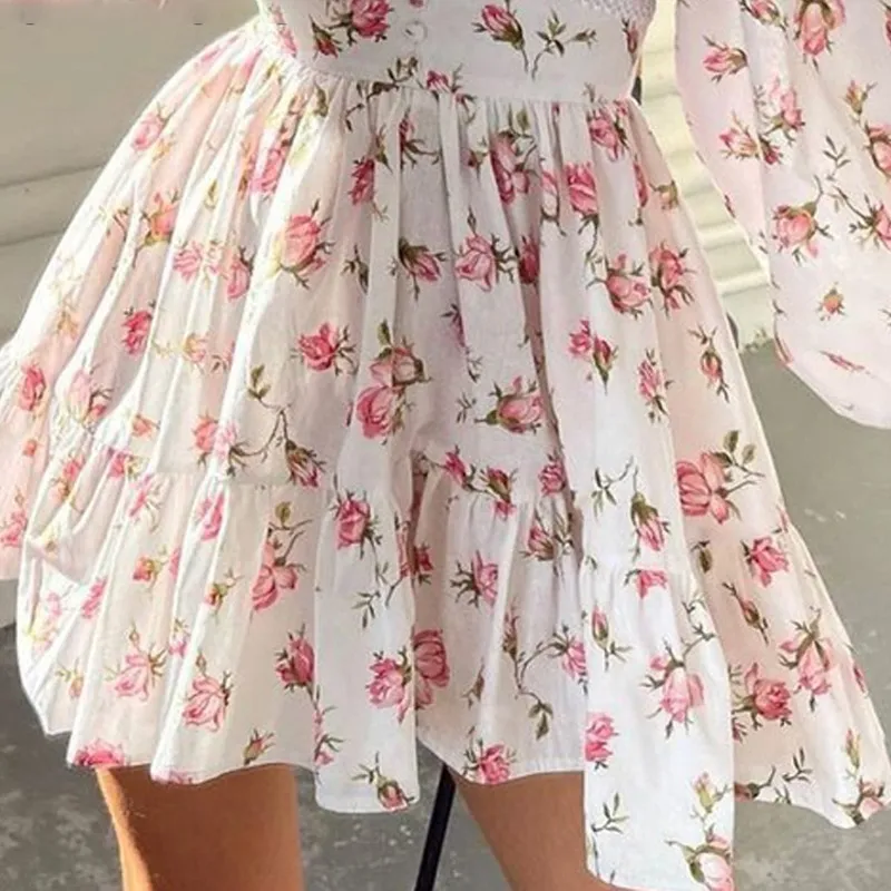 Tiny Flower Print V-Neck Long Sleeve Dress