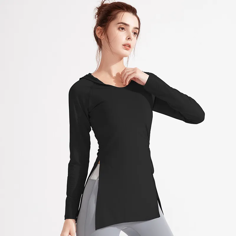 Women Fashion Solid Color Long Sleeve Drawstring Split Sports Yoga Top