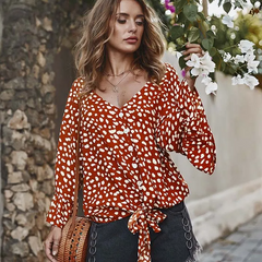 Women V Neck Lace-Up Dot Print Blouse