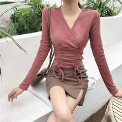 Women Fashion Solid Color V Neck Crease Top