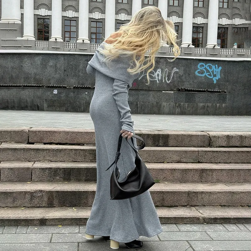 Women Fashion Sexy Off Shoulder Long Sleeve Knitted Maxi Dress