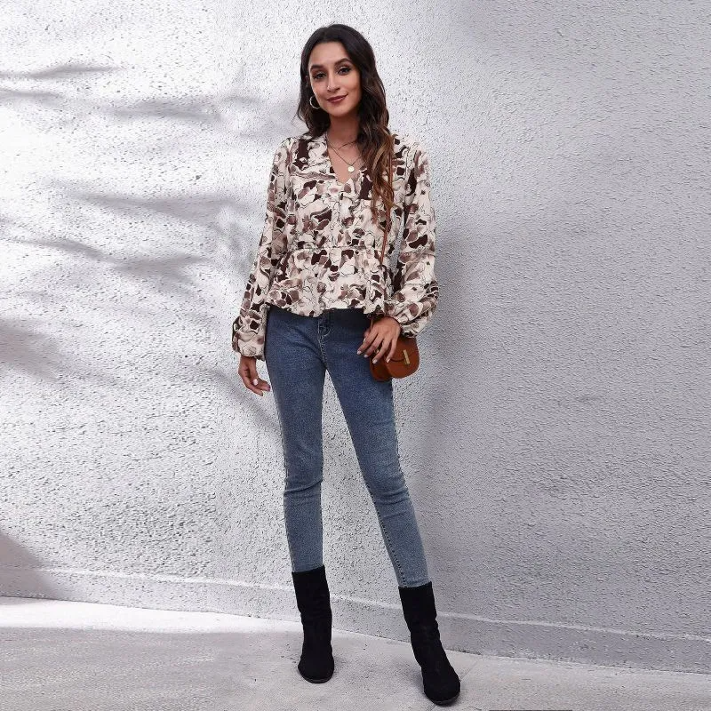 Women Casual Tie Dye Printed Lantern Sleeves Defined Waist V Neck Long-Sleeved Chiffon Blouse