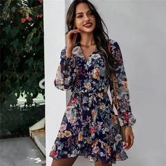 Women Fashion Flower Printed V Neck Wrap Dress
