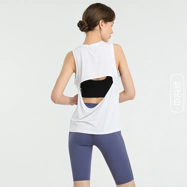 Women Casual Loose Solid Color Round Neck Sleeveless Back Cut Out Sports Tank Top