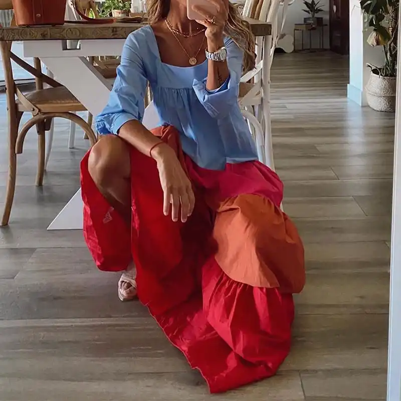 Women Casual Color Blocking Patchwork Long Sleeve Dress