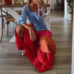 Women Casual Color Blocking Patchwork Long Sleeve Dress