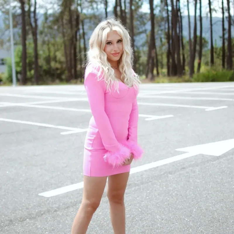Low-Cut Long-Sleeved Feather Mini Dress