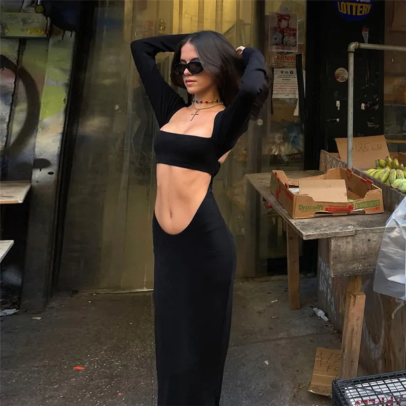 Women Sexy Night Out Cut Out Solid Color Long Sleeves Maxi Dress
