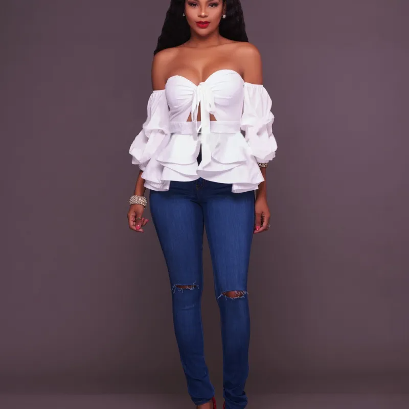 Fashion Elegnat Women Sexy Off-Shoulder Solid Color Ruffled Knotted Slim-Fit Long-Sleeved Blouse