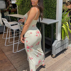 Women Fashion Elegant Floral Print V-Neck Sling Maxi Dress