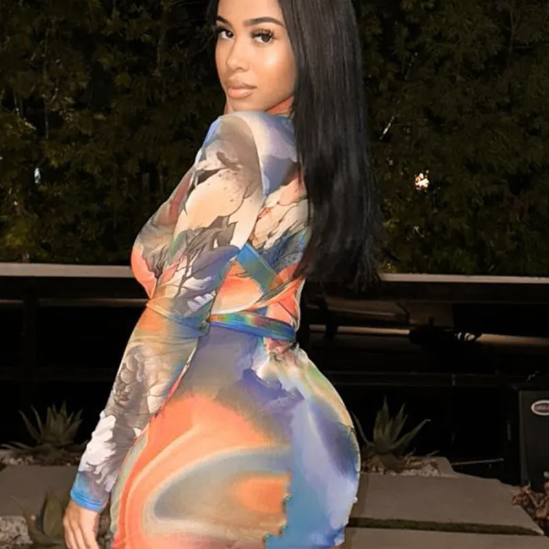 Women Sexy Tie-Dye Print Long Sleeve Bodycon Mini Dress