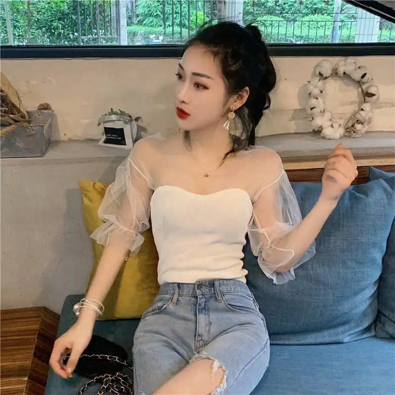 Women Fashion Mesh See Through Patchwork Rib-Knit Top