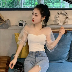 Women Fashion Mesh See Through Patchwork Rib-Knit Top