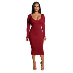 Sexy Scoop Neck Long-Sleeve Hollow Solid Color Bodycon Dress