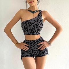 Women Fashion Leopard Print One-Shoulder Sports Bra Top