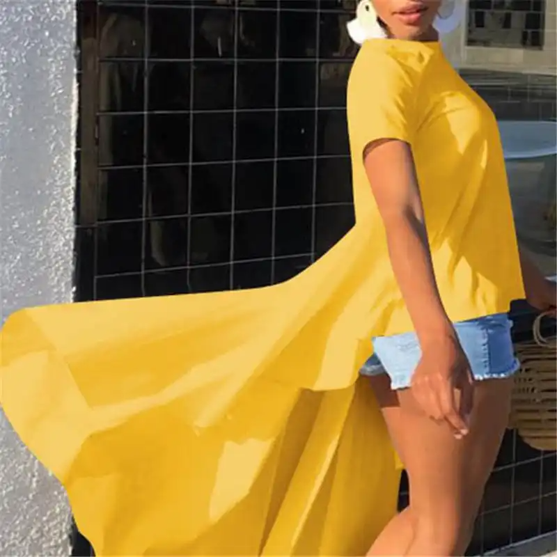 Women Fashion Solid Color Irregular High Low Hemline Blouse