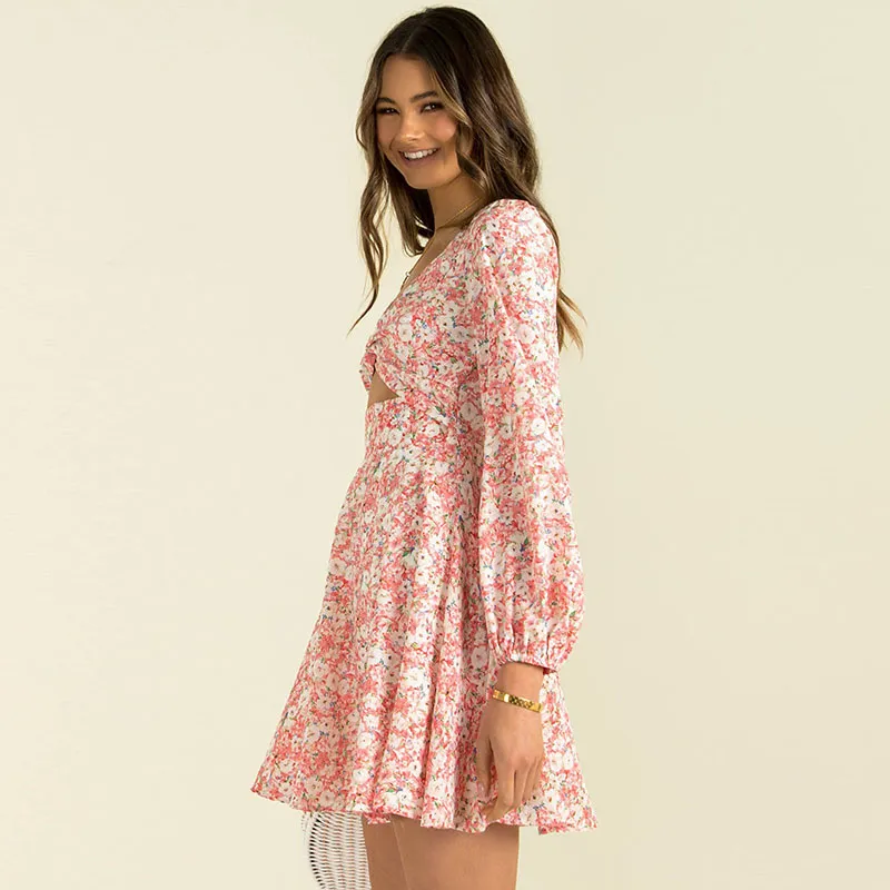 Women Sweet Lantern Sleeve Cut Out V Neck Dress