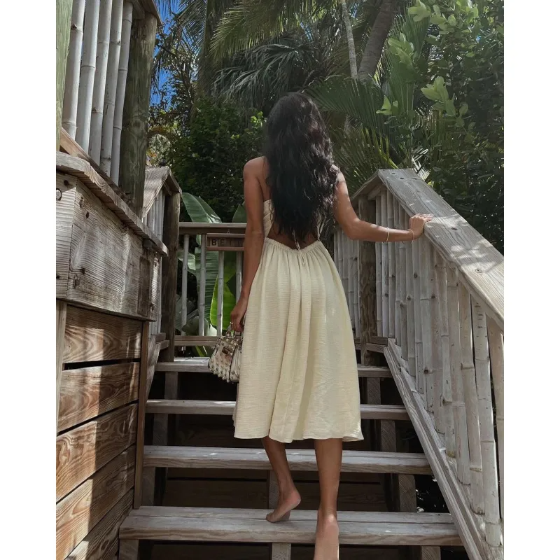 Summer Sexy Wrap Chest V-Neck Loose Vacation Solid Color Large Swing Side Slit Backless Dress For Women