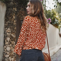Women V Neck Lace-Up Dot Print Blouse