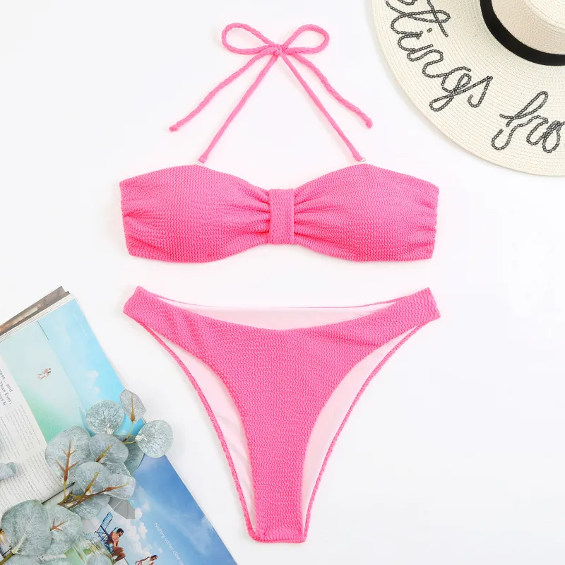Women Fashion Sexy Fluorescent Ruffle Tether Bikini Swimsuit Two-Piece Set