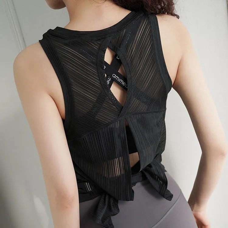 Women Casual Loose Breathable Solid Color Round Neck Sleeveless Back Split Sports Top
