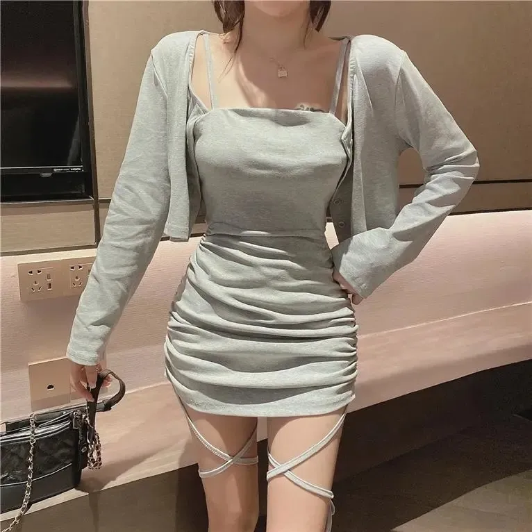Sexy Elegant Basic Solid Color Long Sleeves Top And Irregular Dress Set