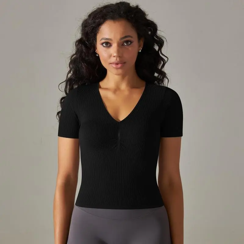 Women Fashion Solid Color Stretch Thread Slim Sport Top