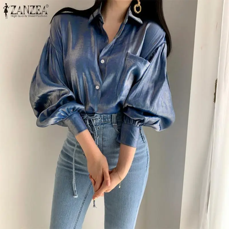 Women Fashion Solid Color Elegant Lapel Casual Long Puff Sleeve Blouse