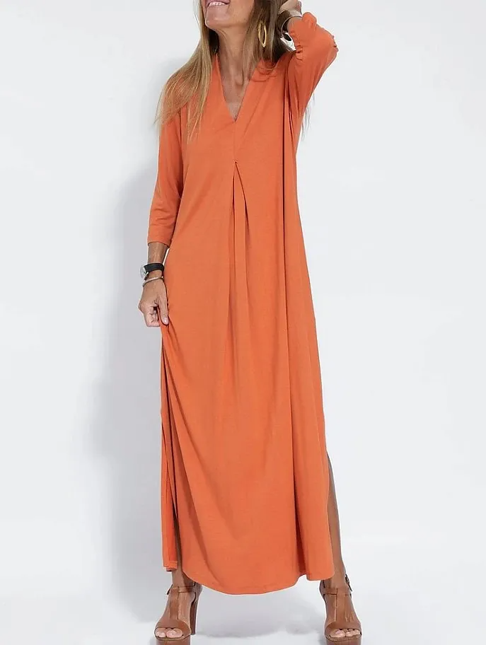Women Solid V-Neck Split Casual Maxi Dress