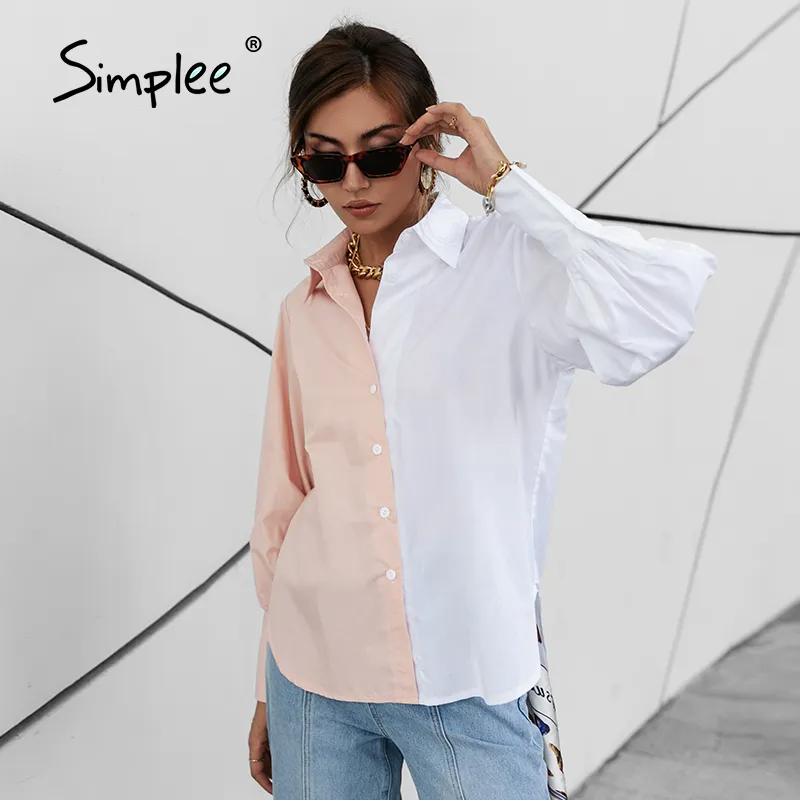 Women Work Casual Color Blocking Single-Breasted Long Puff Sleeves Blouse