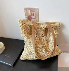 Women Pastoral Design Solid Color Straw Large Capacity Woven Shoulder Handle Bag