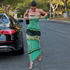 Printing Mesh See-Through Sleeveless Temperament Slim Dress