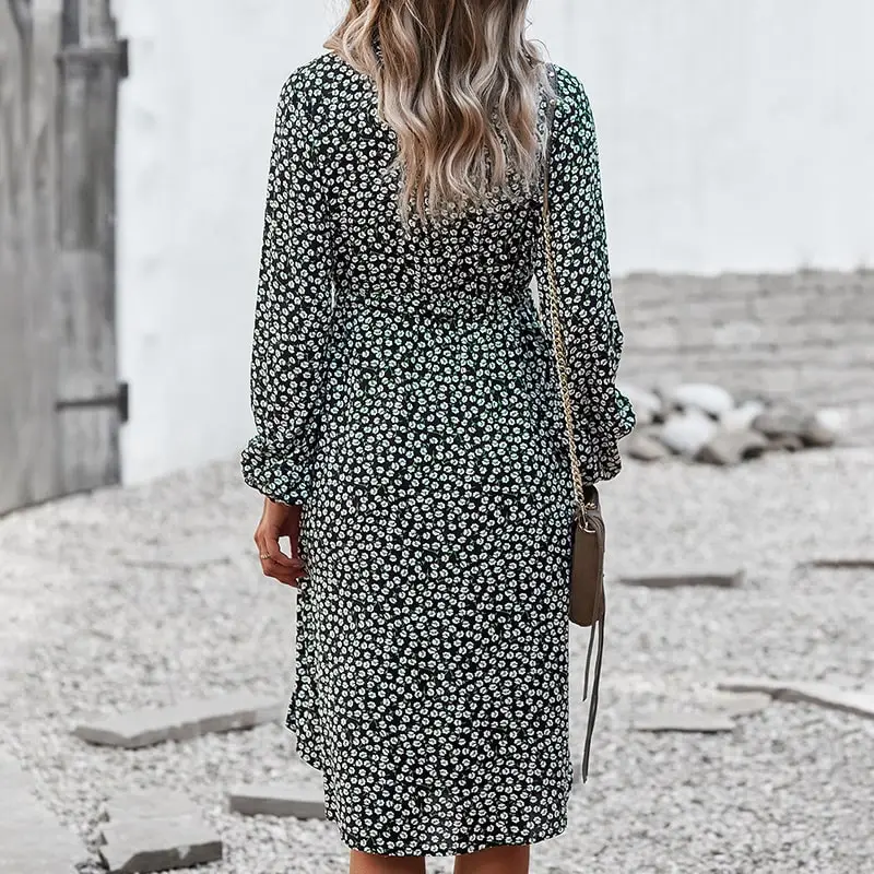 Women Fashion Tiny Flower Printed Single-Breasted Dress